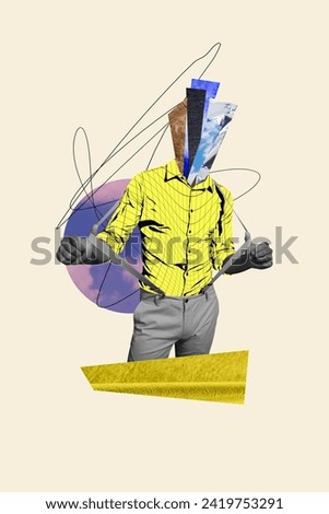 Vertical collage creative illustration black white effect headless man frame yellow formal wear pose sky exclusive sketch white background