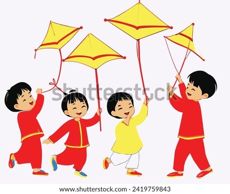 Happy China new year 2024, little children love to flying kites at festival