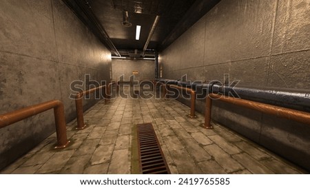 Empty corridor in the basement of an old industrial building. 3D illustration.