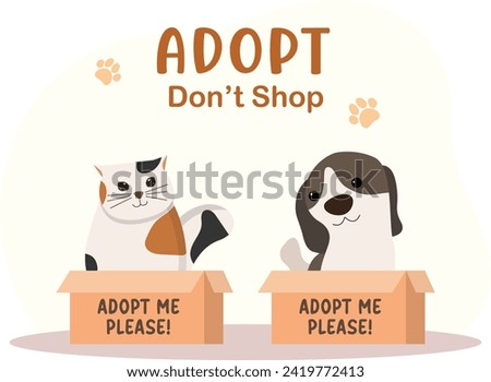 adopt don't shop campaign vector illustration for banner and poster, adopt animal from shelter, dog and cat, pet adoption concept for design