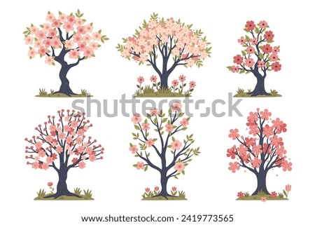 Set of spring blooming trees isolate on a white background. Vector graphics.