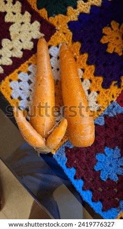 Photo of Carrots with baby Carrots fresh vegetables attractive and beautiful looking small baby carrots. Looks like couple
 children on nice table cloth beautifully pictured nice  cute