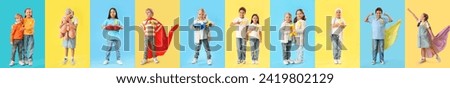 Many children on color background. International Childhood Cancer Day Royalty-Free Stock Photo #2419802129