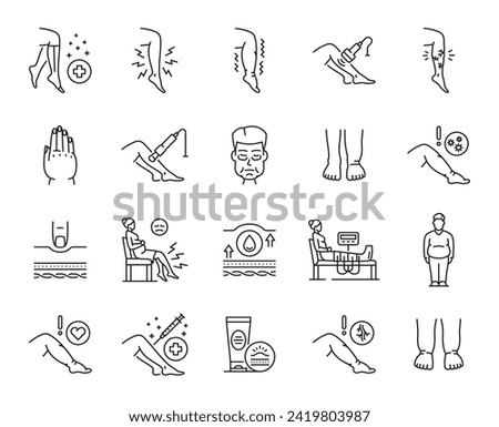 Edema line icons of vector swollen legs, feet and body parts, face and hand. Lymphatic system disease symptoms, varicose veins inflammation and pain. Edema causes, prevention and treatments symbols Royalty-Free Stock Photo #2419803987