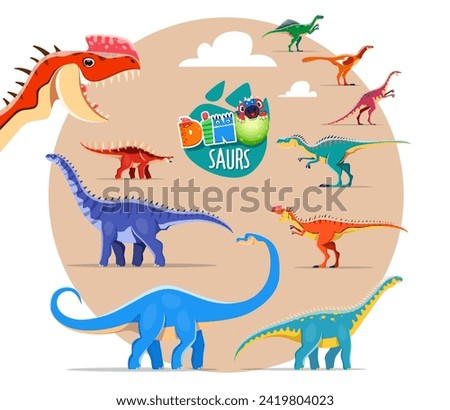 Cartoon cute dinosaur characters stickers. Prehistoric lizard or Jurassic reptile. Zephyrosaurus, Anchisaurus, Barapasaurus and Dubreuillosaurus, Kentrosaurus, Datousaurus dinosaurs vector personages