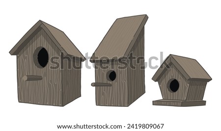 Wooden bird houses clipart set. Spring time doodles collection. Vector illustration in cartoon style isolated on white.