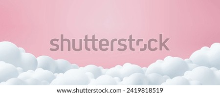Beautiful clouds on pink backdrop. Place for text. Happy Valentine's day, happy mother s day background, baby girl wallpaper. Romantic sale layout template, border header. Vector illustration