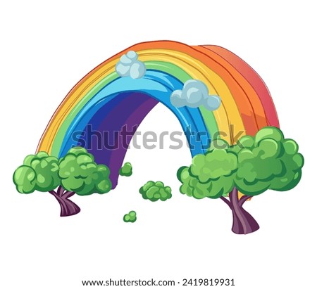 Rainbow element of colorful set. This enchanting illustration features a whimsical cartoon rainbow design that adds a splash of color to its clean white background. Vector illustration.