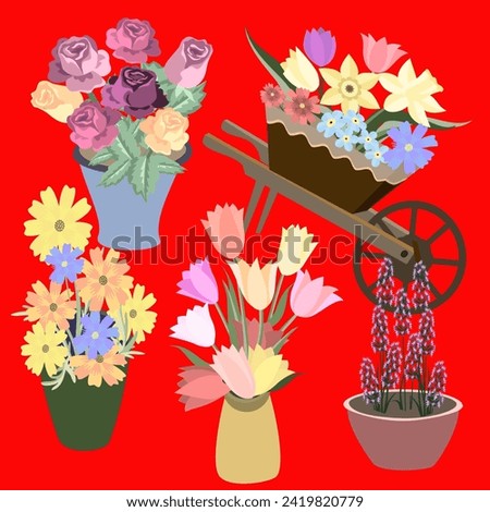Vector - flowers illustration with in  a wheelbarrow and vases template.
