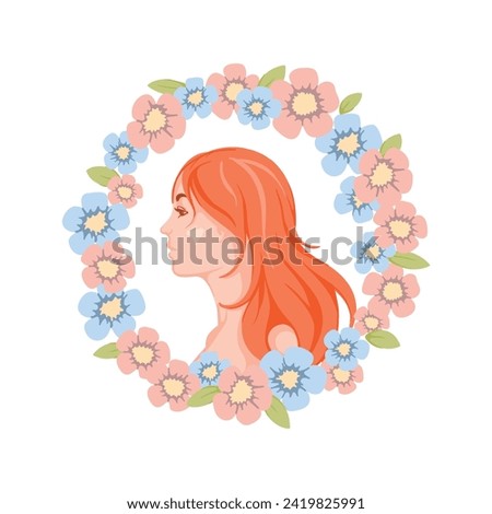 Red-haired girl with a wreath of flowers. Postcard for International Women's Day