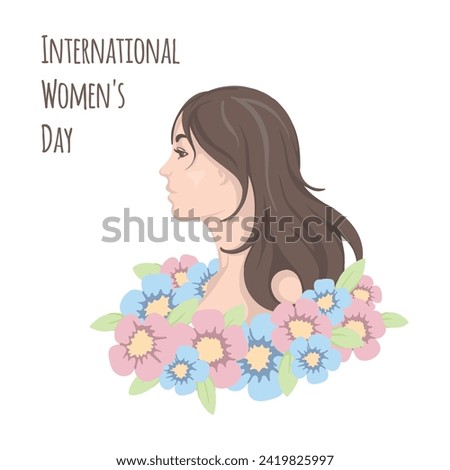 Portrait of a girl with dark hair in flowers and text International Women's Day