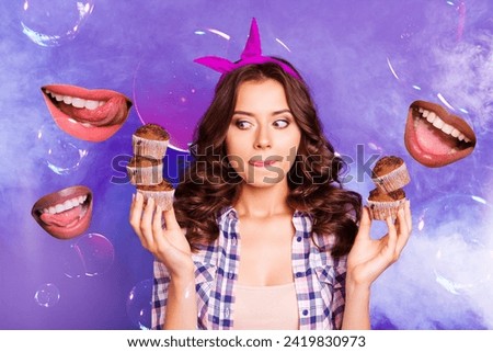 Photo collage artwork picture of hungry funny lady waiting eat cupcakes isolated creative violet purple color background
