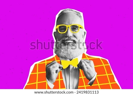 Exclusive magazine picture sketch collage image of attractive handsome senior guy preparing party isolated creative pink neon color background Royalty-Free Stock Photo #2419831113