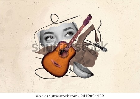 Collage picture of talented girl playing guitar and singing song in karaoke club isolated on creative drawing background