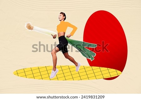 Creative photo collage picture young runner girl carry onion fresh vegetable sport activity jogger vegetarian food healthy nutrition