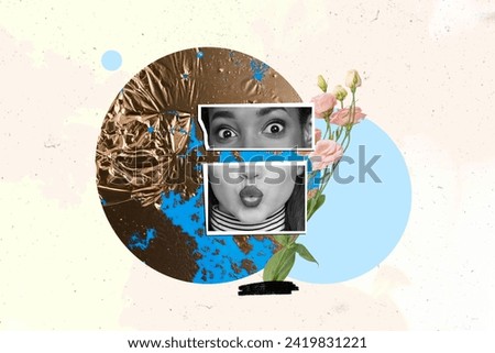 Collage picture of adorable lovely woman blowing lips plastic surgery beauty concept isolated on creative background