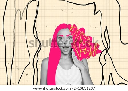 Collage picture image of crazy funky cheerful girl open mouth shock reaction scream omg isolated on painted checkered copybook background