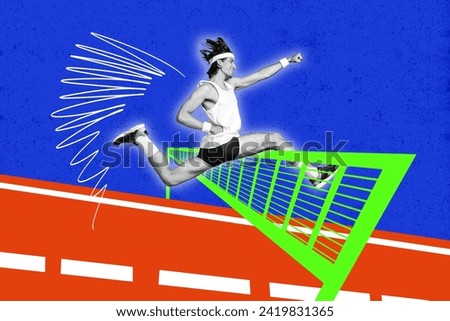 Horizontal composite photo collage of motivated sportsman run race jump over obstacle win competition achieve goal on colorful background