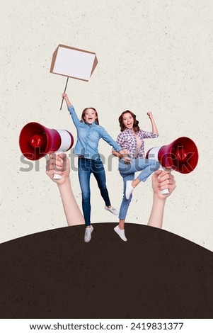 Creative vertical collage image young two girls protesting demonstration showing support against woman rights proclaim loudspeaker Royalty-Free Stock Photo #2419831377