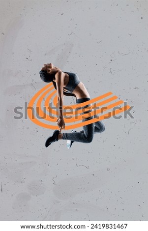 Vertical collage picture illustration image black white filter peaceful joyful young woman levitation orange striped gray empty template Royalty-Free Stock Photo #2419831467