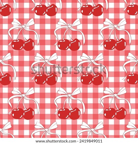 Cherry Bow Tie Ribbon Coquette Gingham Vintage Valentine's Day Love Pattern Seamless Background Pink Red Royalty-Free Stock Photo #2419849011