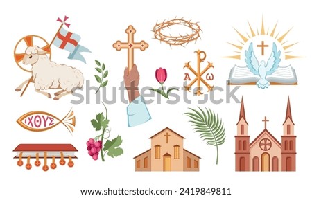 Religious christian signs and symbols. Set of colorful icons. Church, hands holding cross, fish, dove and bible. Book with seven seals. Lamb is symbol of Christ's sacrifice. Isolated. Vector
