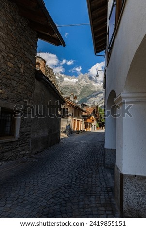 Glimpse of the mountain village of Courmayeur at the foot of the Mont Blanc massif