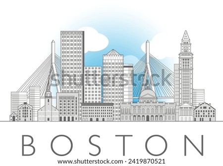 Boston cityscape line art style vector illustration