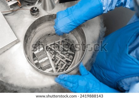 Embryologists a Liquid Nitrogen Bank Containing Sperm and Eggs Samples. ivf  in vitro fertilization, egg freezing. Sperm cryopreservation. Sperm freezing. Royalty-Free Stock Photo #2419888143