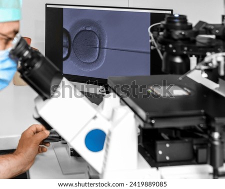 Embryologist adding sperm to egg in laboratory of reproductive clinic. in vitro fertilization, egg freezing. injects one sperm into each egg by microinjection. intracytoplasmic Sperm injection. IMSI Royalty-Free Stock Photo #2419889085