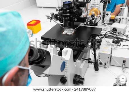 Embryologist adding sperm to egg in laboratory of reproductive clinic. in vitro fertilization, egg freezing. injects one sperm into each egg by microinjection. intracytoplasmic Sperm injection. IMSI Royalty-Free Stock Photo #2419889087