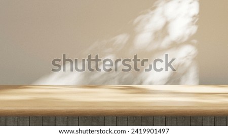 wooden empty cozy table background, sunny countertop template background and soft window sunlight and shadows, presentation and advertisement mock up, business work and product placement mock up