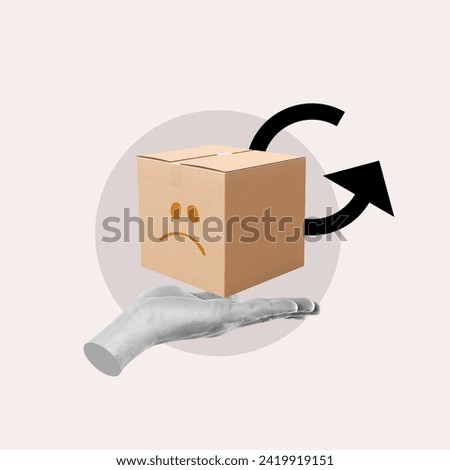 return procedure, exchange of packages, cardboard box, a courier service, hand with package, return symbol, return of the bag, arrival, box, package, purchase refund, label, merchandise, retail