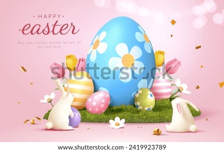 3D Easter card with bunnies in front of painted eggs on the grass surrounded by flowers. Royalty-Free Stock Photo #2419923789