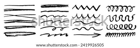 Charcoal strokes. Set of black hand drawn brush lines different forms on white background. Rough charcoal strokes and lines. Hand drawn brush elements for notes, highlighting and underlining in text. Royalty-Free Stock Photo #2419926505