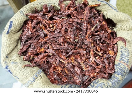dry red chilli spice for sale at retail shop from top angle at day