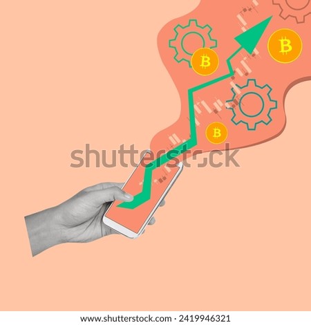 Contemporary art collage of a hand holding phone. Symbols of bitcoin, crypto currency, digital money, finance concept. Copy space

