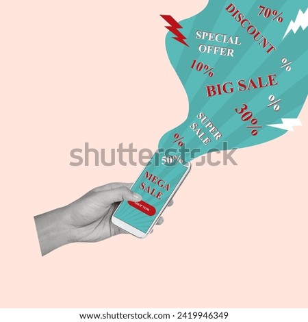 Contemporary art collage of a hand holding phone. Black Friday, big sales, buying products. Concept of shopping. Copy space.