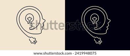 Icon of a human head with a light bulb inside. Linear graphic symbol, concept of human mind, education, creativity, idea. Line art design element. Vector illustration.