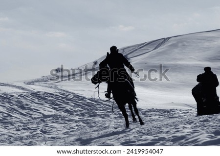 Silhouette of a rider on a galloping horse in winter