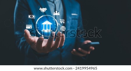 businessmen holding online banking and payments, digital technology, mobile banking, shopping, payment, finance, bank, withdraw money, account, transfer, credit card, financial and global business.