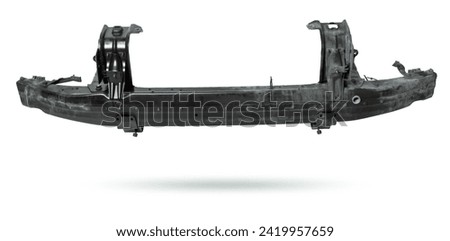 Iron stiffener reinforcement for the rear of the car black body spare part of the strengthener of bumper. Equipment for sale or installation in auto service or garage. Car parts catalog. Royalty-Free Stock Photo #2419957659