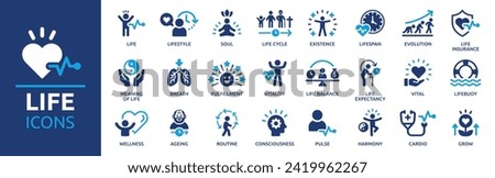 Life icon set. Containing lifespan, soul, vitality, life insurance, wellness, existence, pulse, harmony and more. Solid vector icons collection. Royalty-Free Stock Photo #2419962267