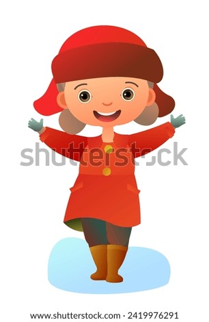 Girl and winter. Child in winter clothes. Fun frost. Winter clothes. Object isolated on white background. Cartoon fun style Illustration vector