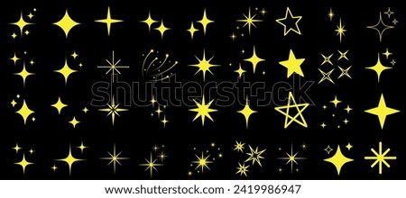 Bright yellow stars of various shapes and sizes against a black background, creating a glowing, sparkling effect. Ideal for space themes, night sky illustrations, and children s books