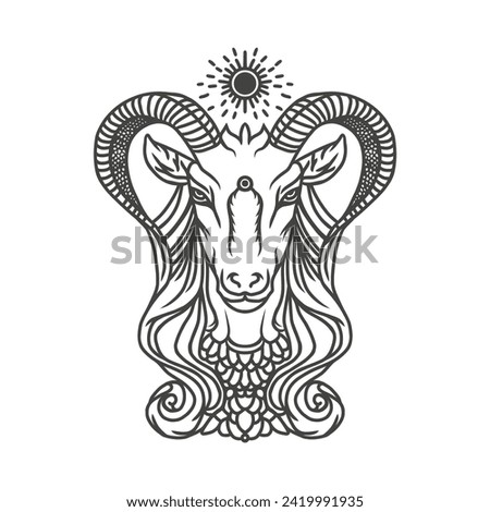 Goat Head With Horns Line Art Vector Illustration. Capricorn Zodiac Sign Outline Drawing Icon Astronomical Symbols. Animal Horoscope Vector Illustration in Flat Colour Style