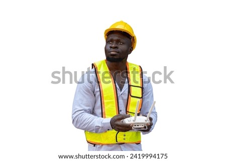African black engineer staff worker standing working with drone remote control isolated on white background