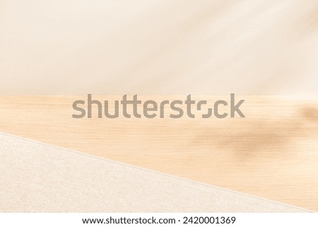 Blank warm lighting background. White and wooden surface. Light and Shadow wallpaper. Space for text. Backdrop.Studio photography.Cozy and Comfortable. Beige backdrop.Minimalist wallpaper.Empty space.