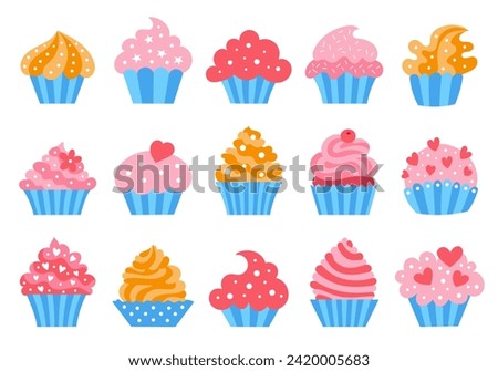 A set of cupcakes with different flavors. Suitable for a cafe menu. Flat style. Vector illustration.