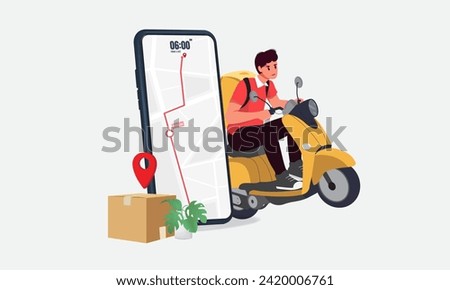 Scooter with delivery man flat vector cartoon character. Vector illustration